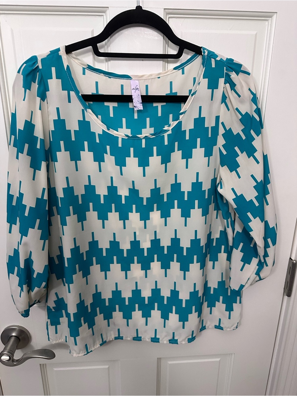 Alya Teal and Cream Geometric Scoop-Neck Blouse